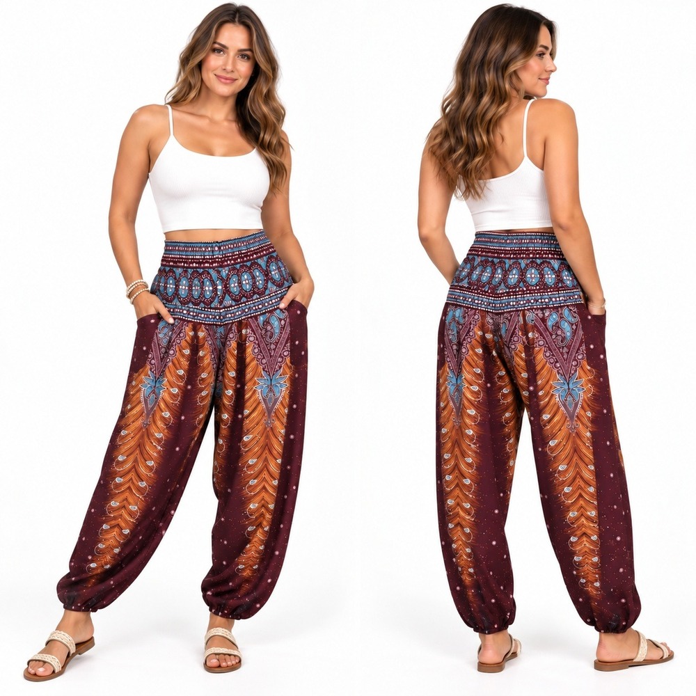 NEW Boho Peacock Print Harem Pants Smocked High Waist Burgundy Paisley Joggers